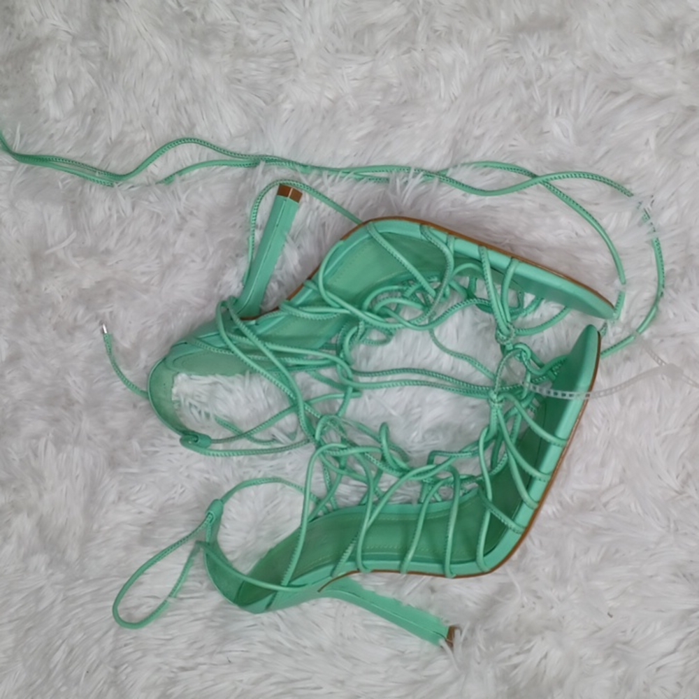 SCHUTZ Heyde Nappa Leather Heeled Strappy Lace Up Sandal Mint Green NEW Size 9.5 - Picture 3 of 10